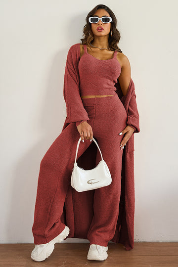 KATCH ME Women's Cozy Solid Color Fur Cropped Camisole & High Waist Loose Trousers With Long Cardigan Three-Piece Set Co-ord 36.99